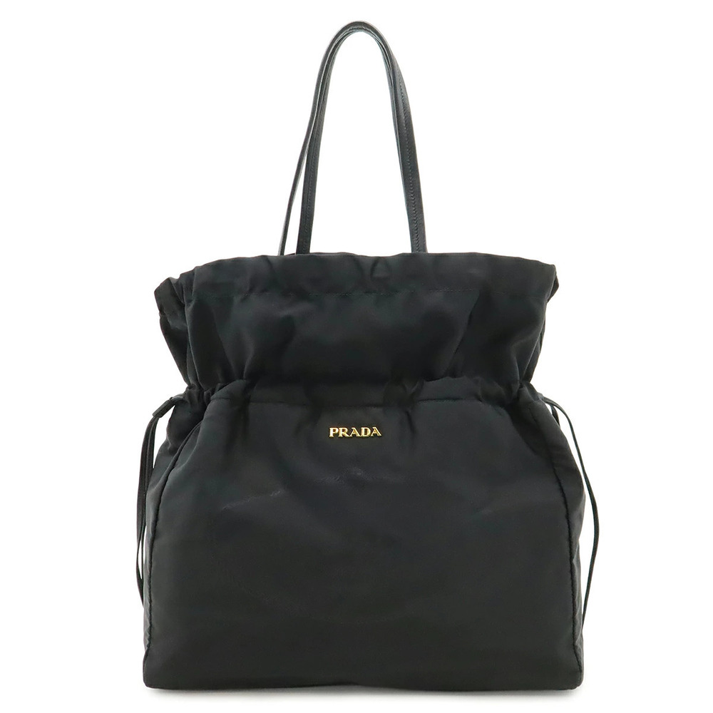 Prada jacquard tote bag shoulder drawstring leather NERO black